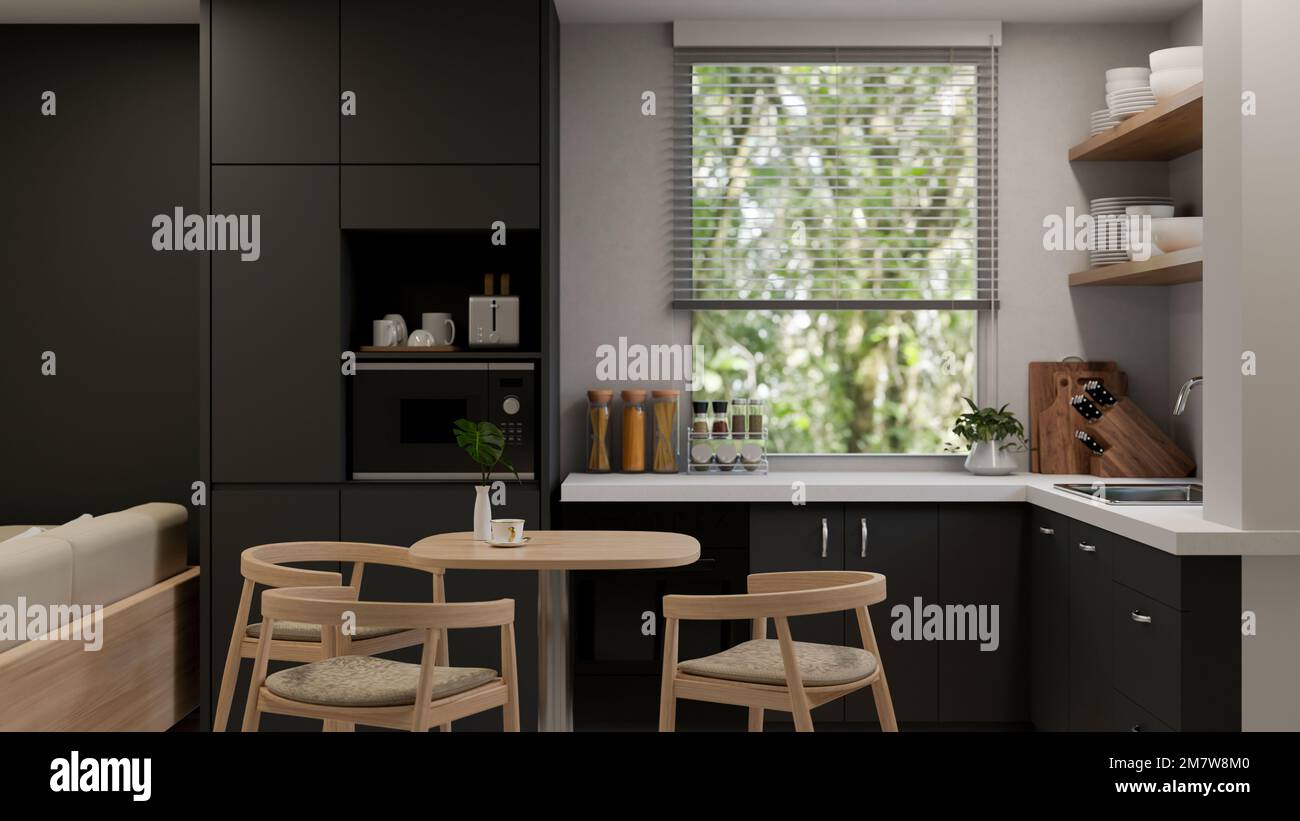 Modern stylish black and white kitchen interior design with black kitchen cabinet and cupboard ...