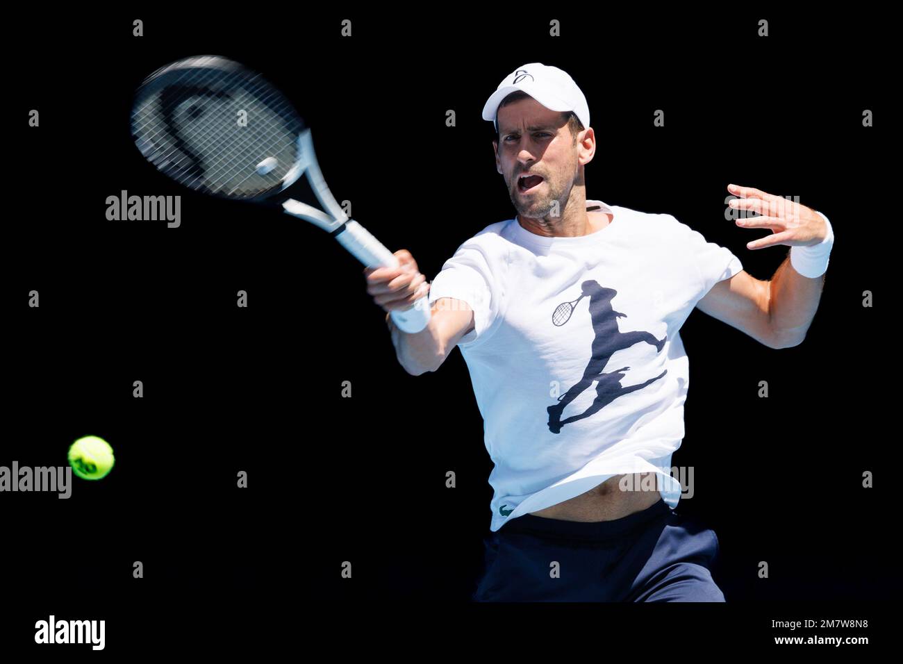Melbourne, Australia. 11th Jan, 2023. Novak Djokovic practising on Rod Laver Arena ahead of the 2023 Australian Open in Melbourne, Australia. Sydney Low/Cal Sport Media/Alamy Live News Stock Photo