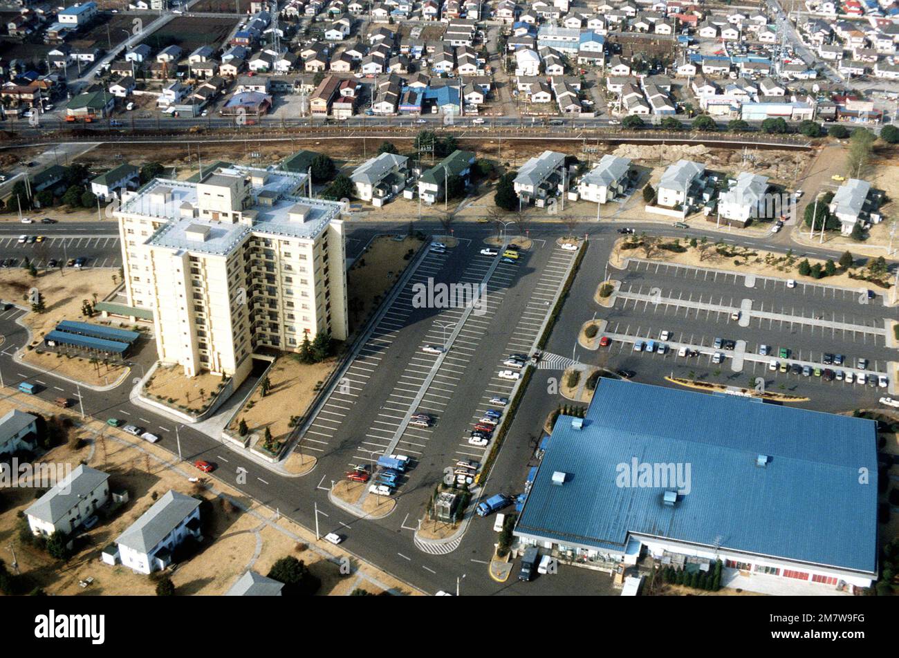 An aerial view of the south area tower apartments (left) and the non