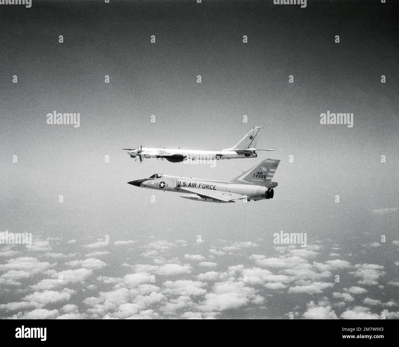 Left side view of an F106A Delta Dart aircraft intercepting a Soviet