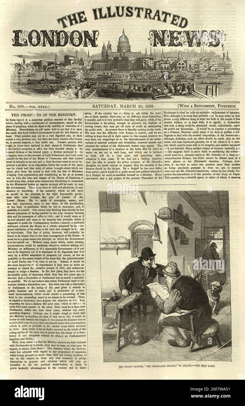 Old vinatge Victorian newspaper front page, 1858, The Stolen picture the Newspaper reader Stock Photo