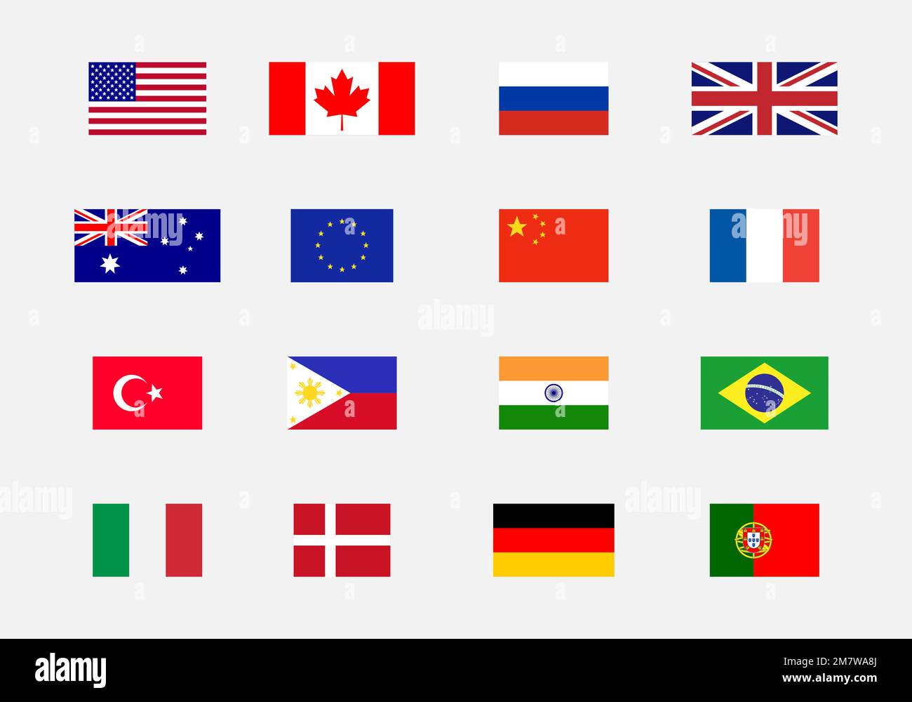 Set of National flag USA, Canada, Russia, UK, Australia, Eu, China, France, Turkey, Philippines, India, Brasil, Italy, Denmark, German, Portugal. Stock Vector