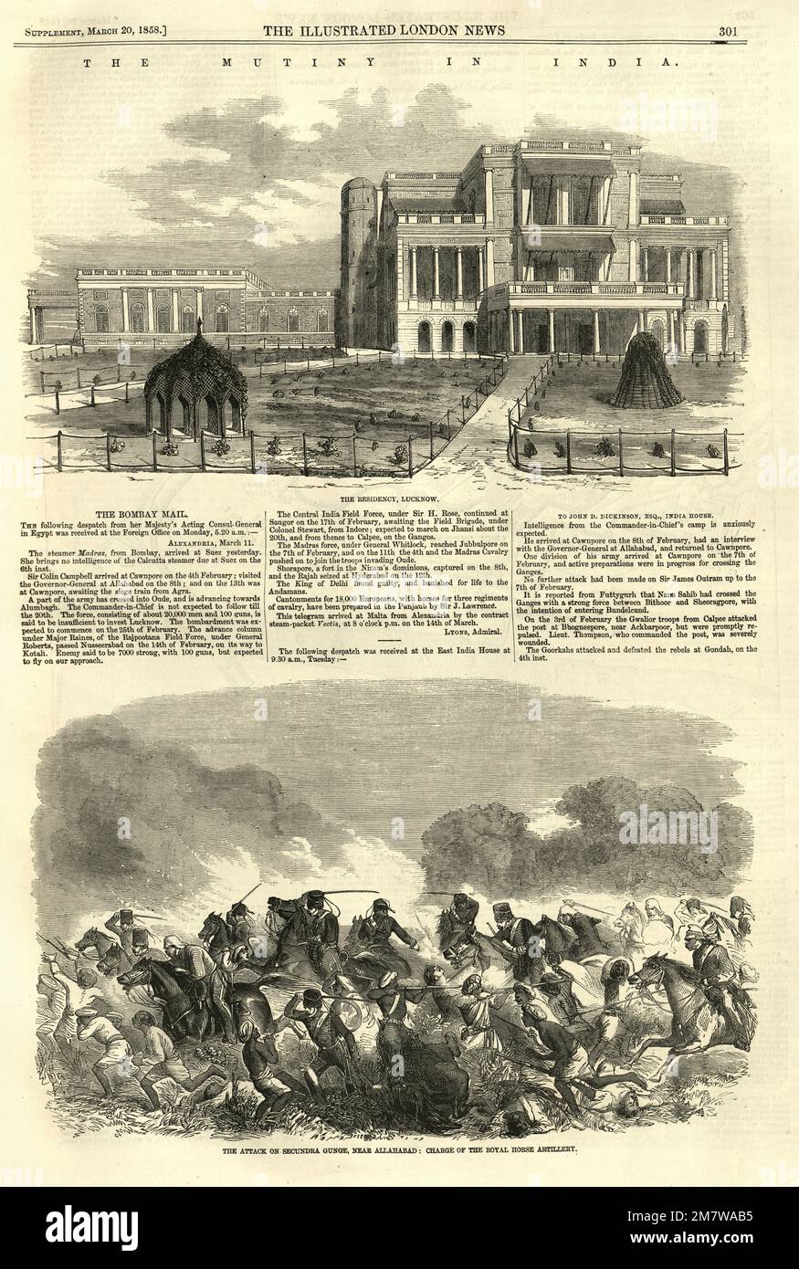 Vintage illustration Scenes from the Indian Rebellion, or Sepoy Mutiny of 1857, The Residency, Lucknow, Attack on Secundra Gunge, near Allahabad, Charge of the Royal Horse Artillery, Victorian 19th Century Stock Photo