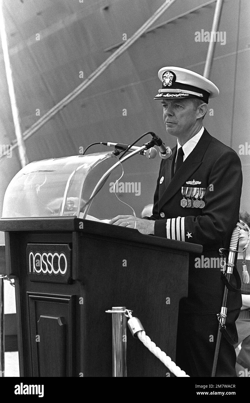 CAPT Martin Hill, supervisor of shipbuilding, speaks to the guests