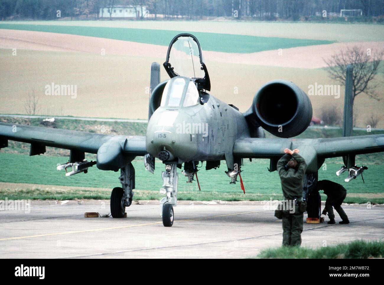 A left front view of an A-10 Thunderbolt II aircraft from