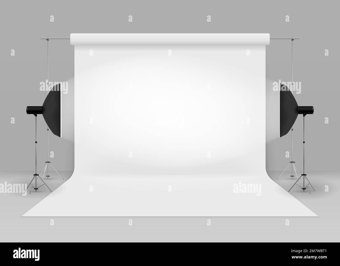 Empty photo studio with lighting equipment. 3d studio setup with white