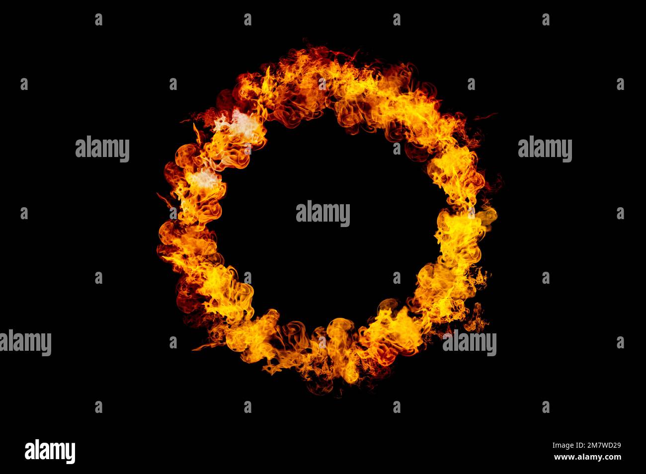 orange flame circle frame on black background Stock Photo