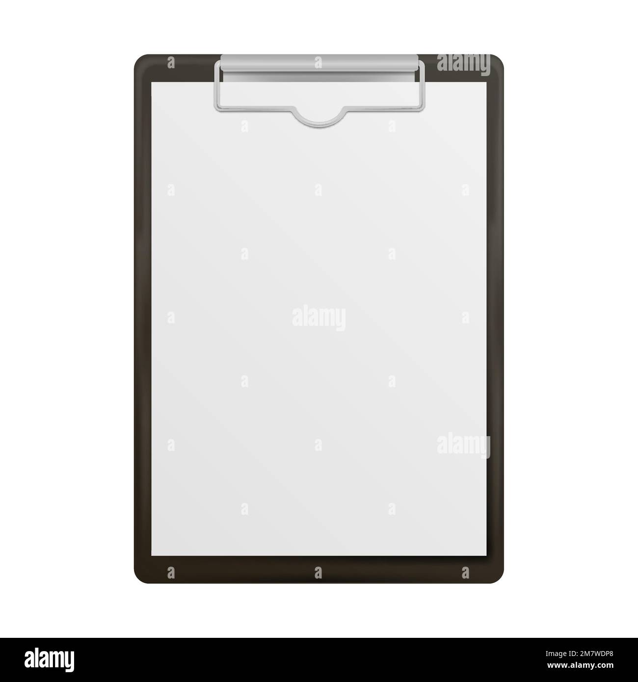 Black clipboard with blank white sheet attached on white background ...