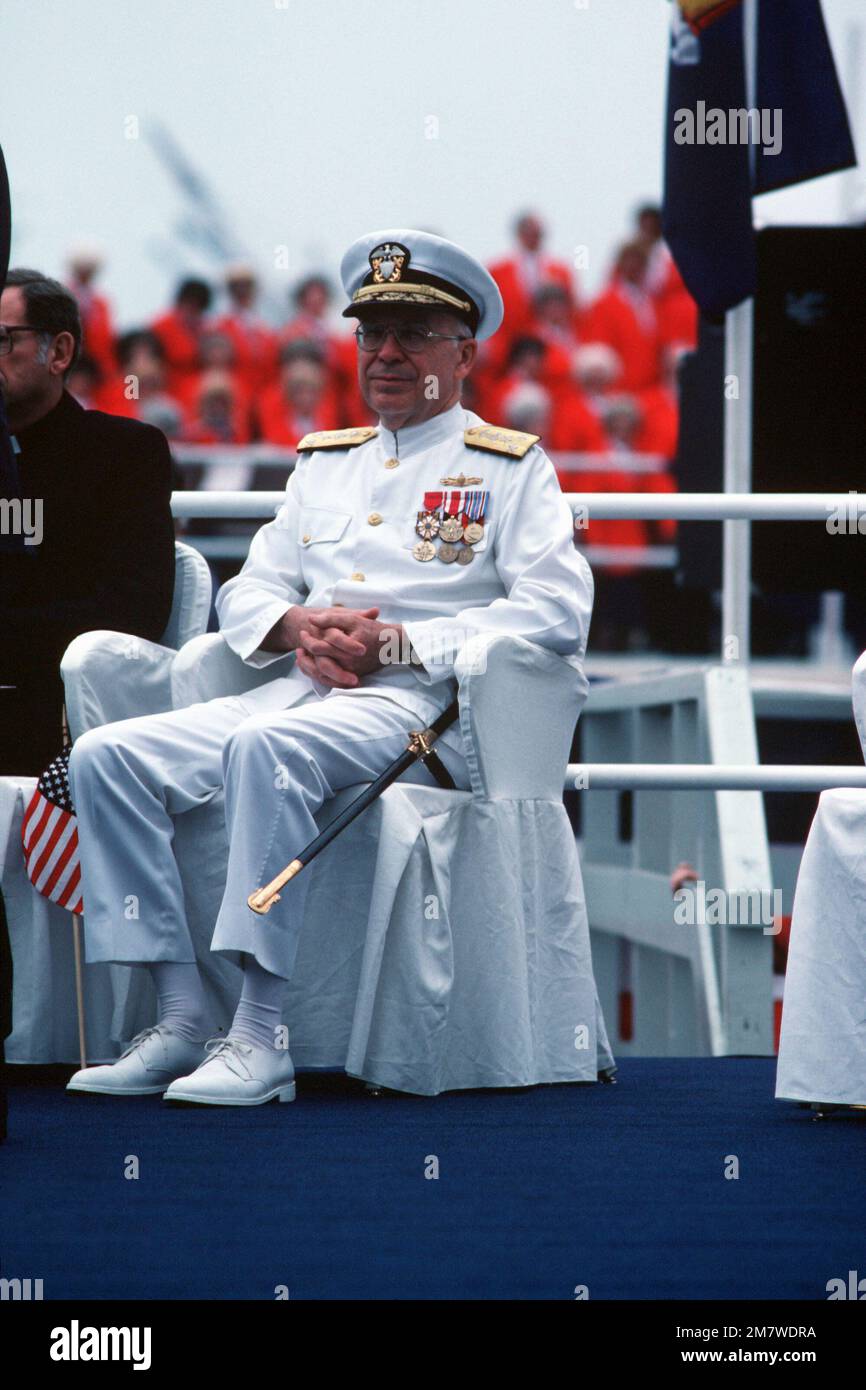 VADM Robert L. Walters, deputy chief of naval operations, Surface Warfare, is seated on the speakers platform during the launching ceremony for the nuclear-powered attack submarine USS BUFFALO (SSN-715). Base: Newport News State: Virginia (VA) Country: United States Of America (USA) Stock Photo