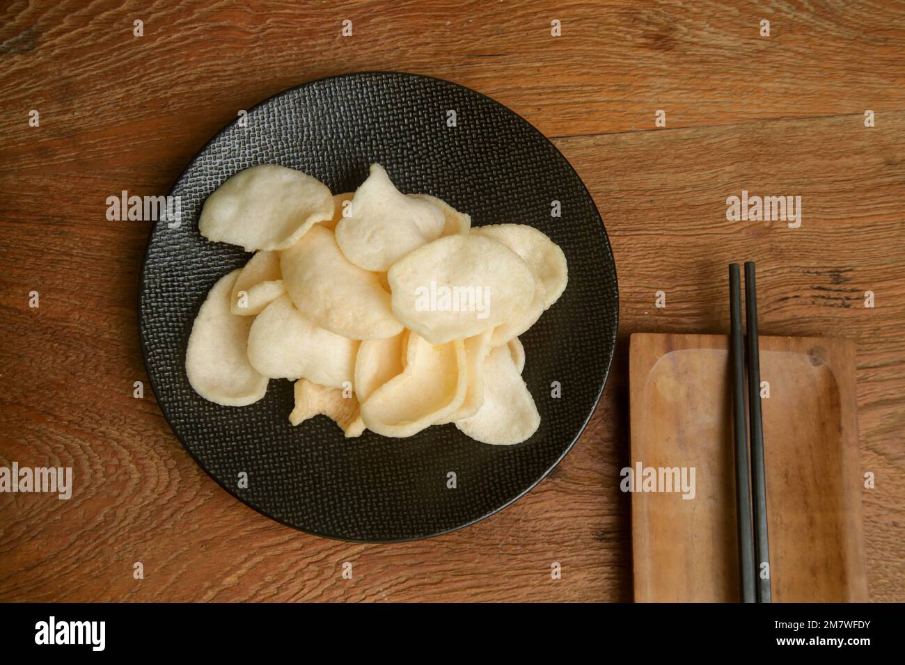 Prawn crackers - a deep fried snack made from starch and prawn, common snack in Southeast Asian cuisine Stock Photo