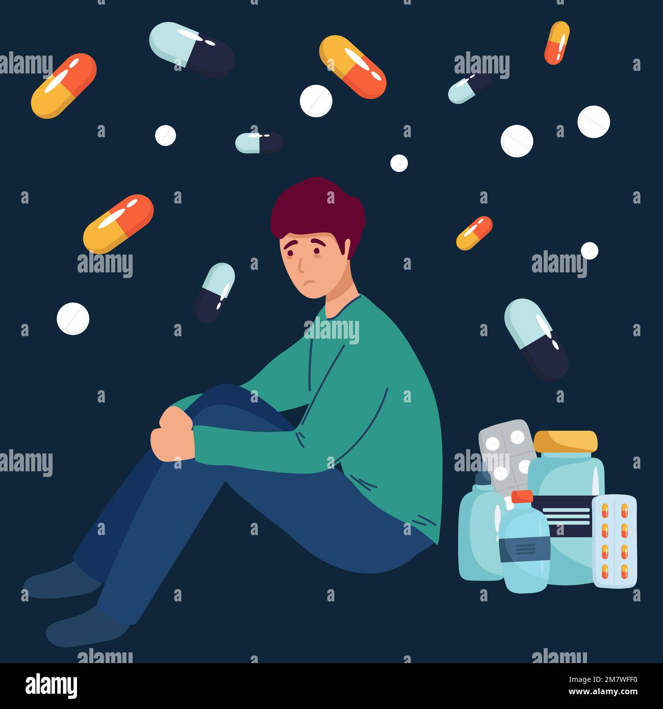 Drug addicted girl sitting on huge pill flat vector illustration. man