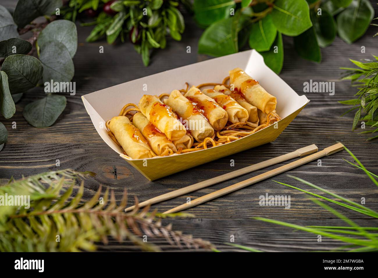 Fried spring rolls with sweet chili sauce Stock Photo