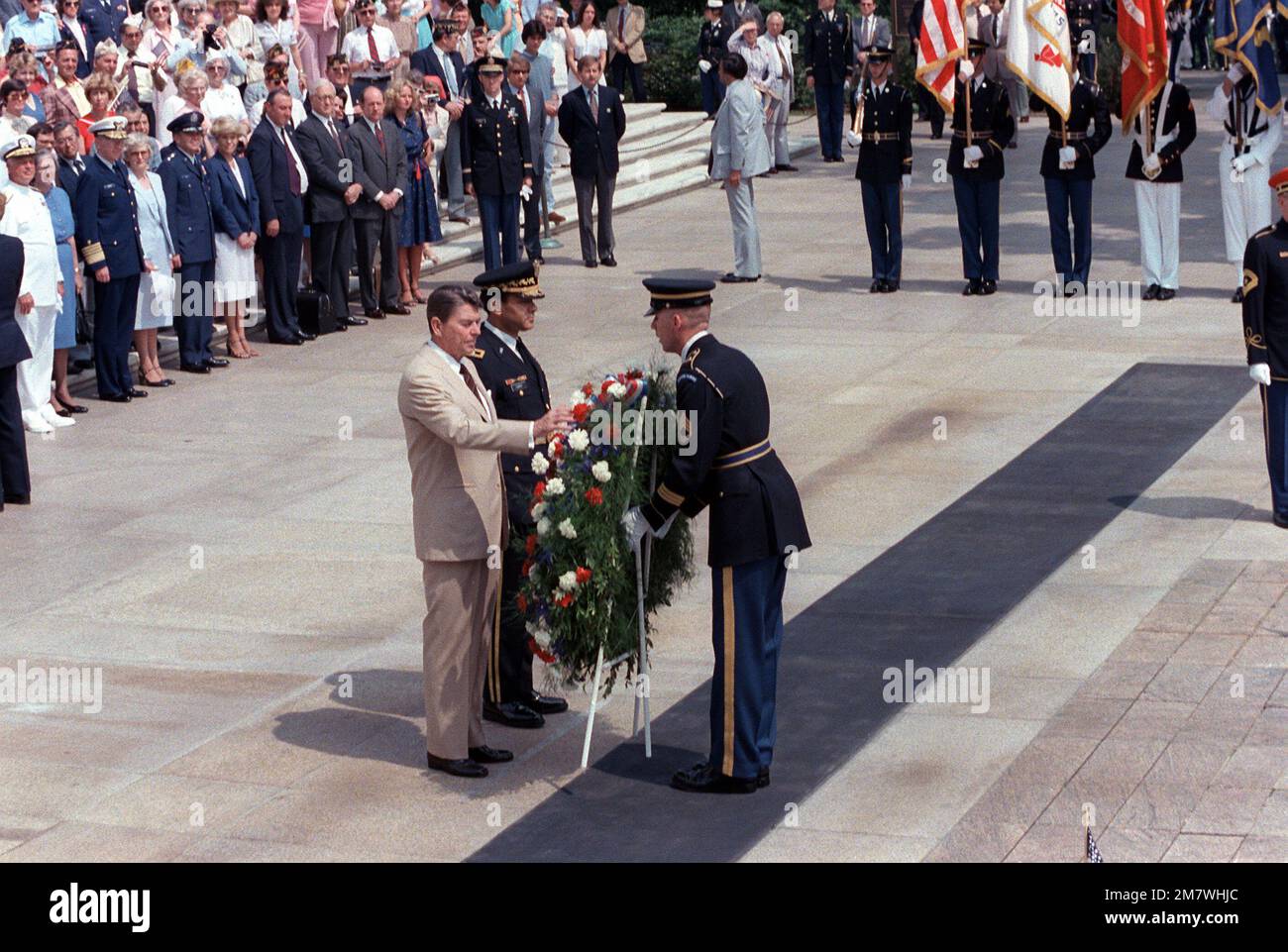 President Ronald Reagan (left) participates in a Memorial Day wreath ...