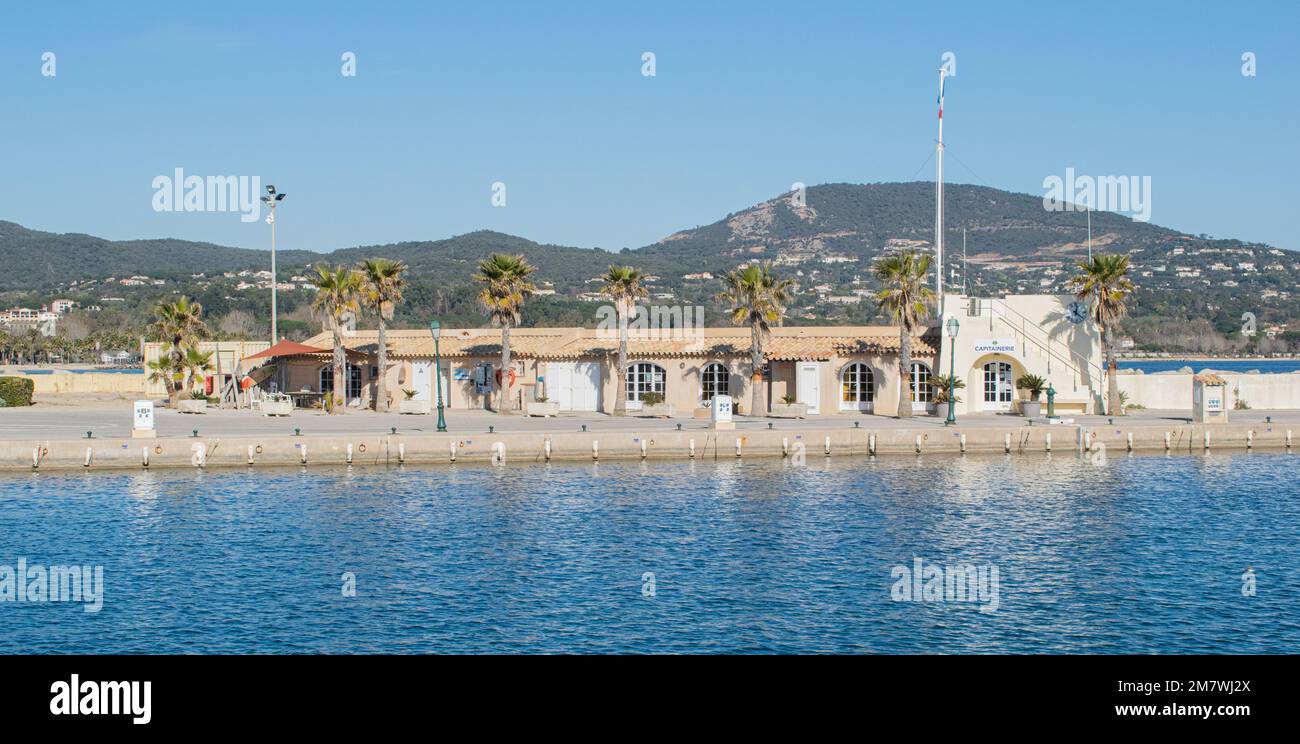 Port Grimaud house on river shore with yachts near the beach Stock