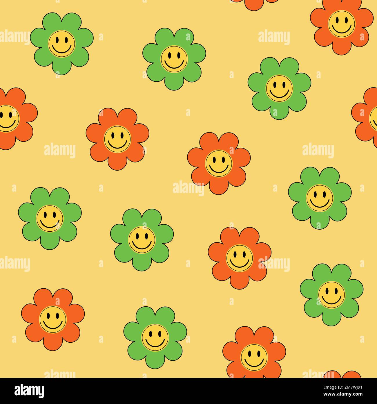 Seamless pattern retro y2k style colored with smiling flowers green and orange acid colors. Stock Vector