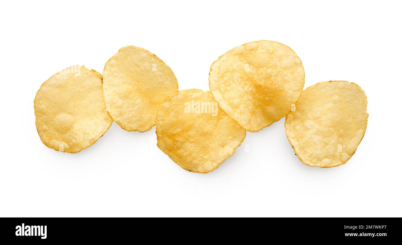 Group of round natural potato chips, isolated on white background Stock Photo