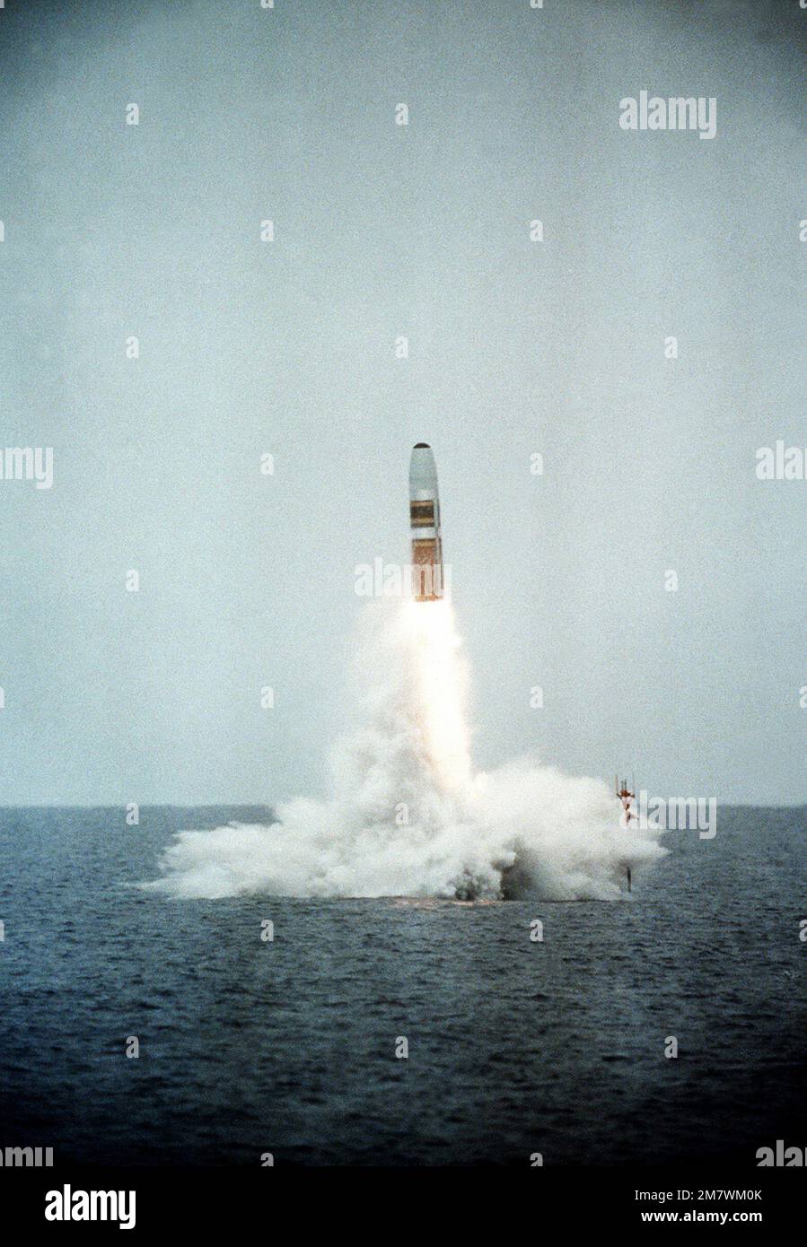 A view of the 13th demonstration and shakedown operation launch of a Trident I missile from the nuclear-powered strategic missile submarine USS JAMES MADISON (SSBN-627). Country: Unknown Stock Photo