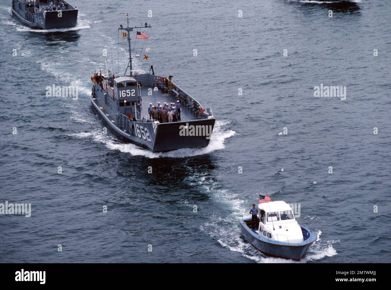 A starboard bow view of utility landing craft LCU-1652 during a practice landing at the Silver Strand area of North Island. The LCU is attached to Assault Craft Unit One (ACU-1). Base: San Diego State: California (CA) Country: United States Of America (USA) Stock Photo