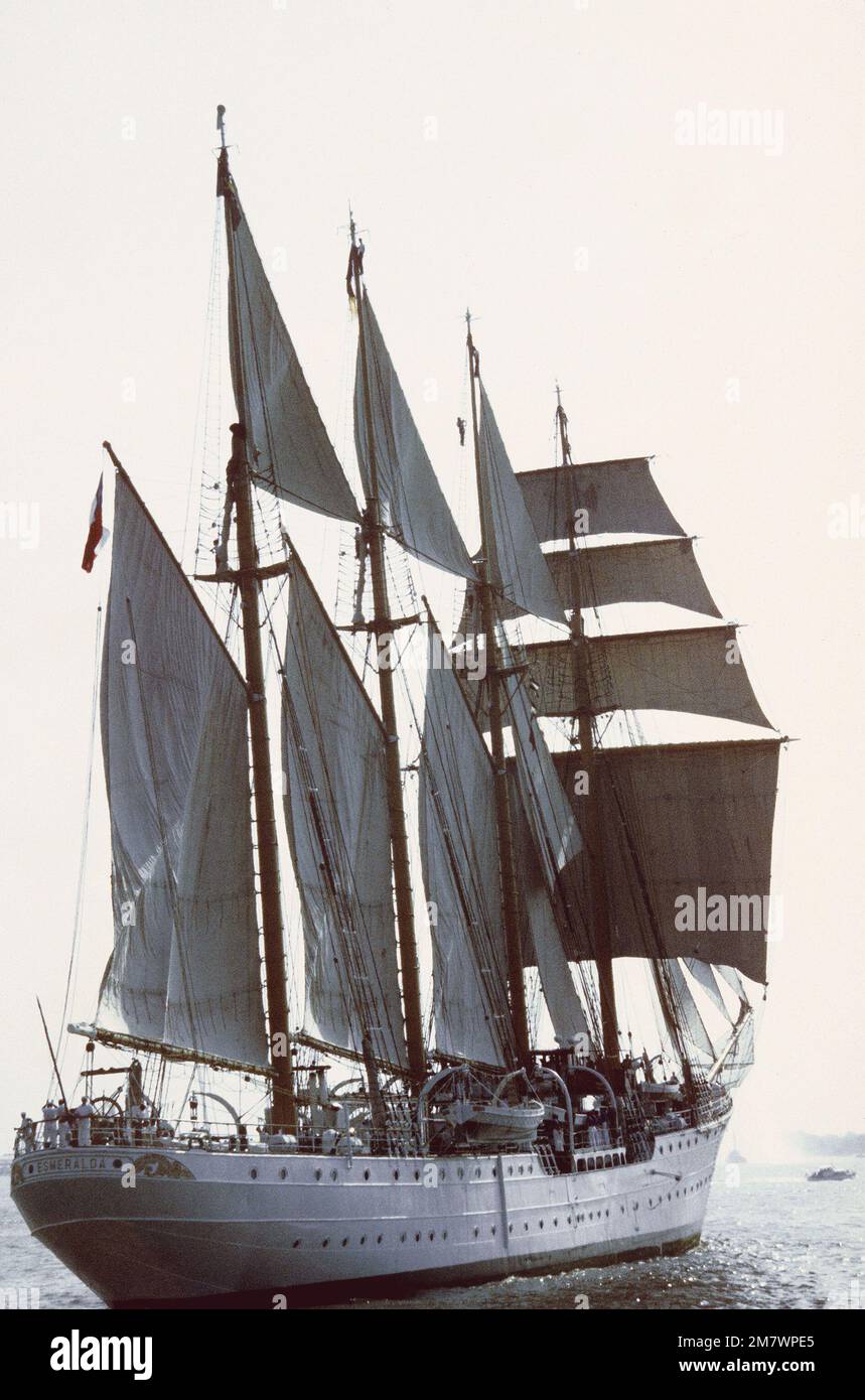 A starboard quarter view of the Chilean training ship ESMERALDA under