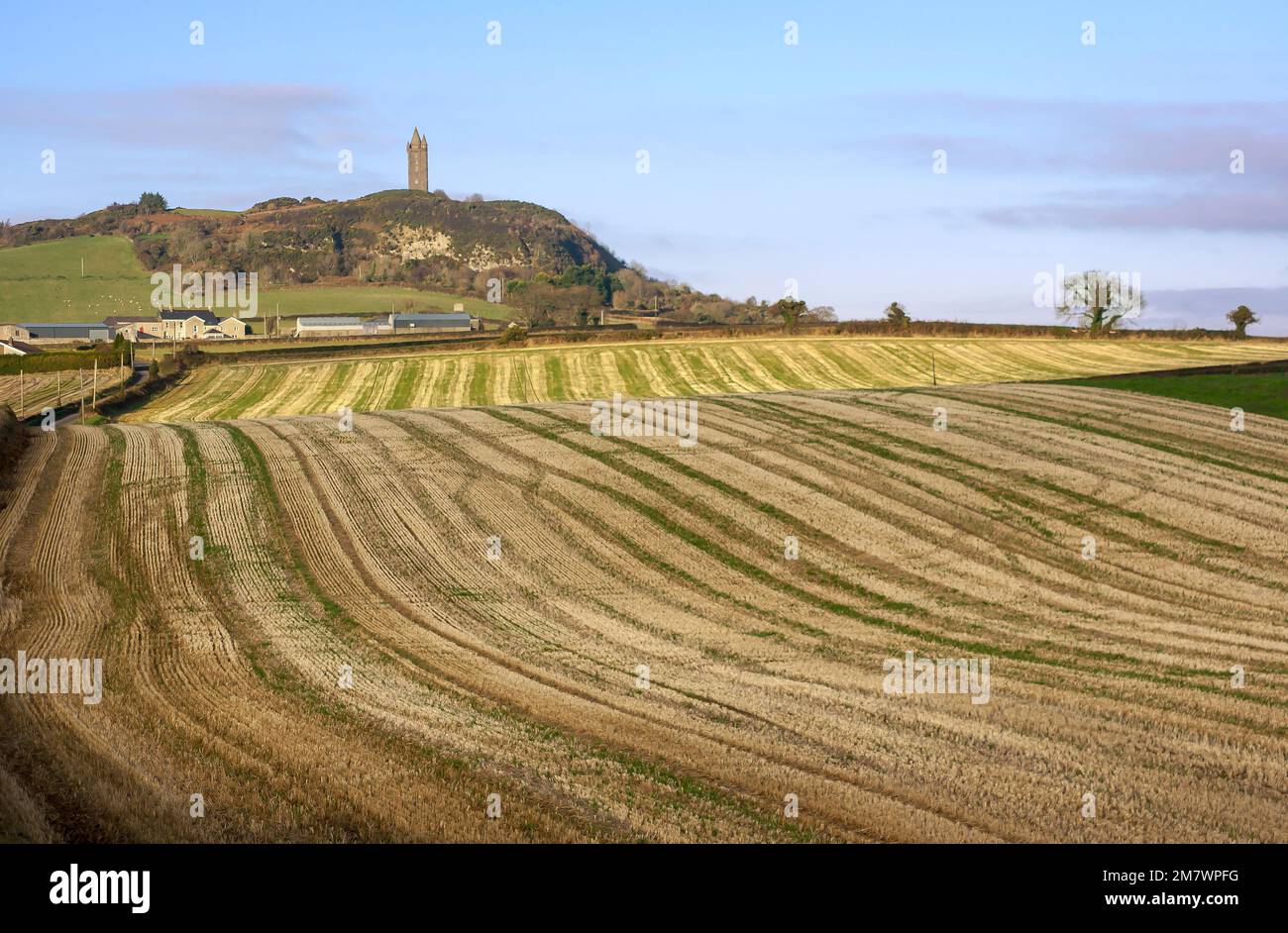 Scrabo Tower on Scrabo Hill overlooking harvested farm fields on the Comber Road outside Newtownards in County Down Northern Ireland Stock Photo