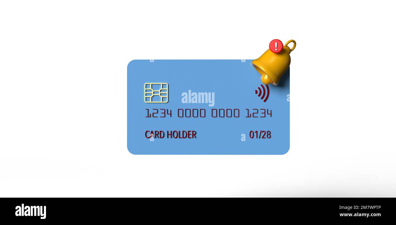 Reminder bell on realistic detailed 3d render business credit card icon. Payment alert, bill notification alarm. Purchasing bank card illustration Stock Photo
