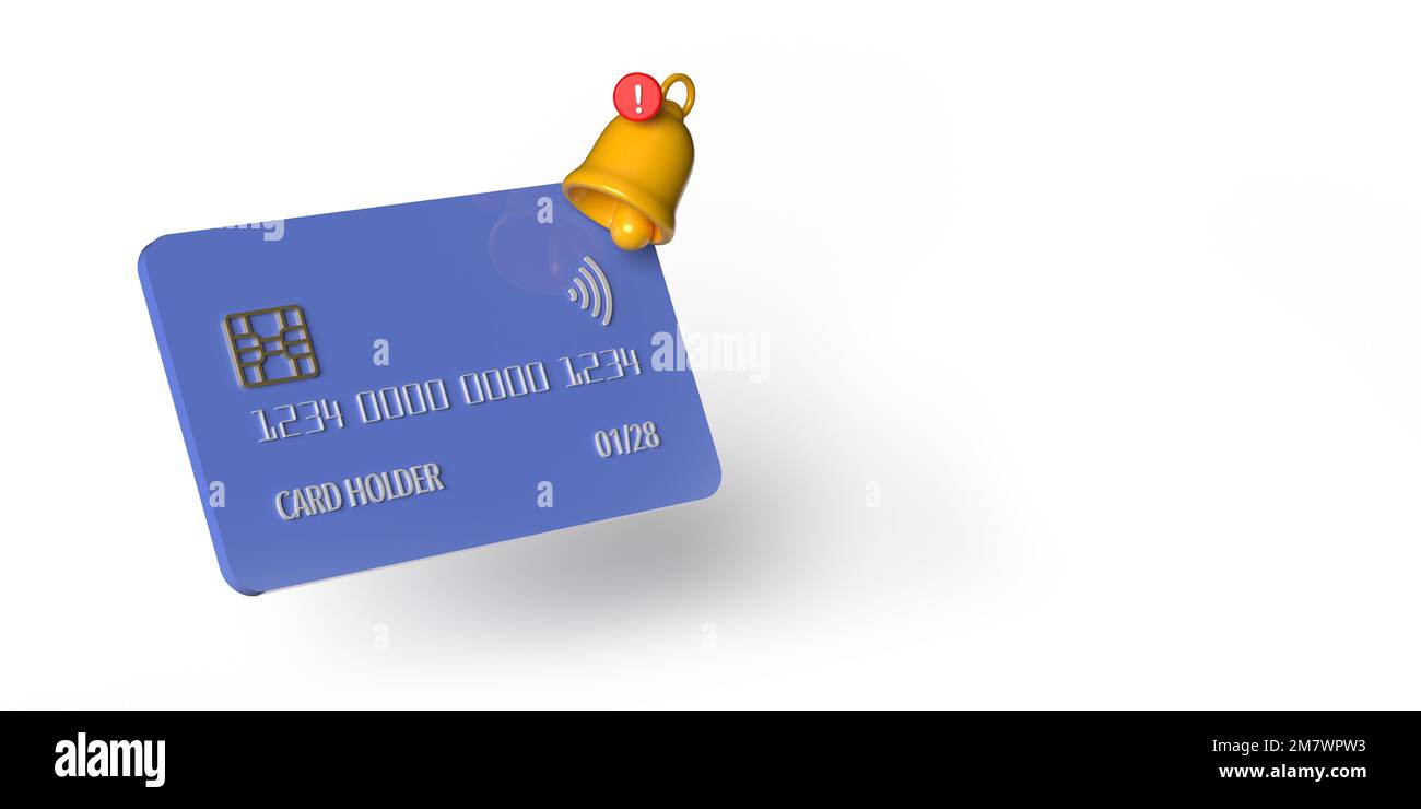 Reminder bell on realistic detailed 3d render business credit card icon. Payment alert, bill notification alarm. Purchasing bank card illustration Stock Photo