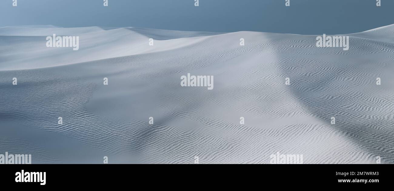 Sci-Fi mystical surreal white dunes in dreamy landscape. Sunset in desert. Fantastic background with copyspace. Outside wallpaper. 3d render, 3d illus Stock Photo