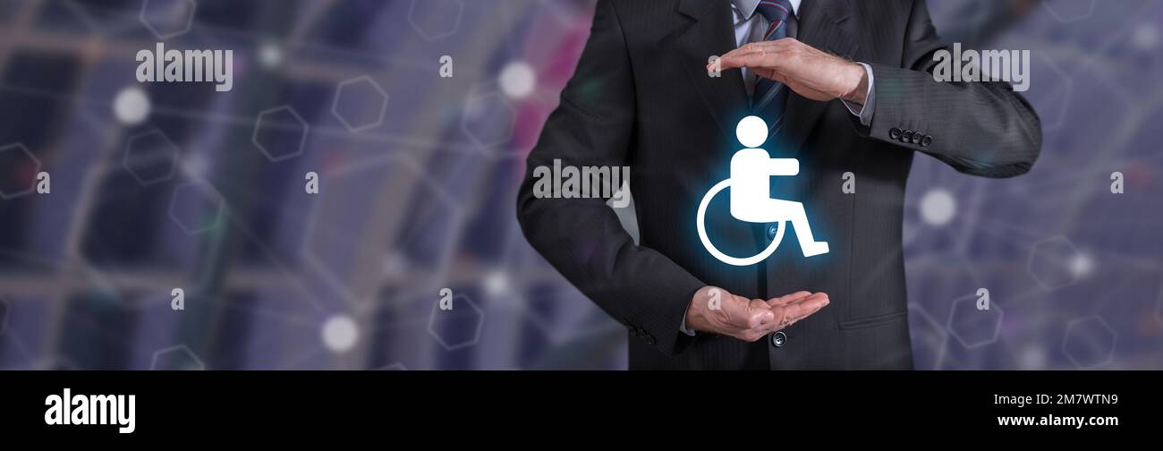Disability insurance concept with businessman in a protective gesture Stock Photo