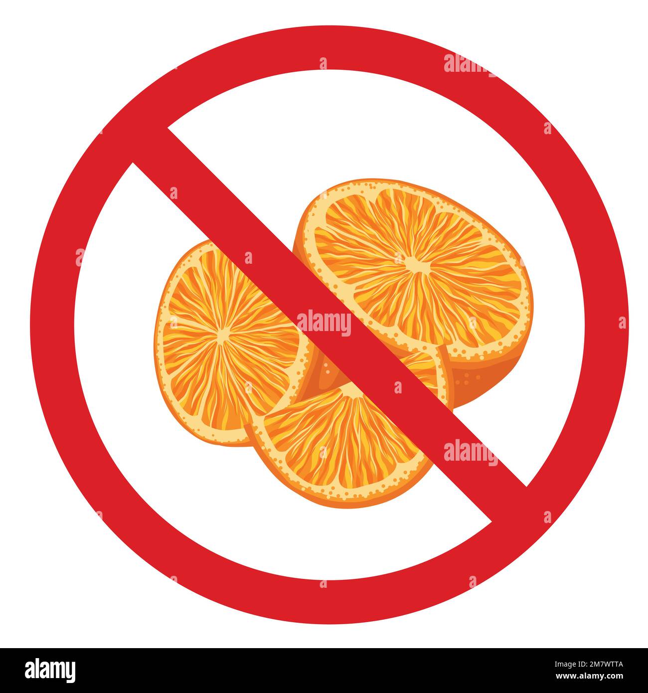 Forbidden sign with orange for stickers and badges. Do not eat citrus. Vector banner allergy danger. Picking fruit is prohibited. Stock Vector