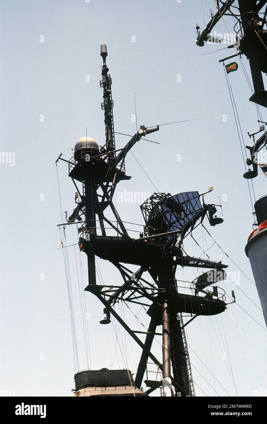 A view of the AN/SPS37 radar mounted above the AN/SPS10 radar aboard