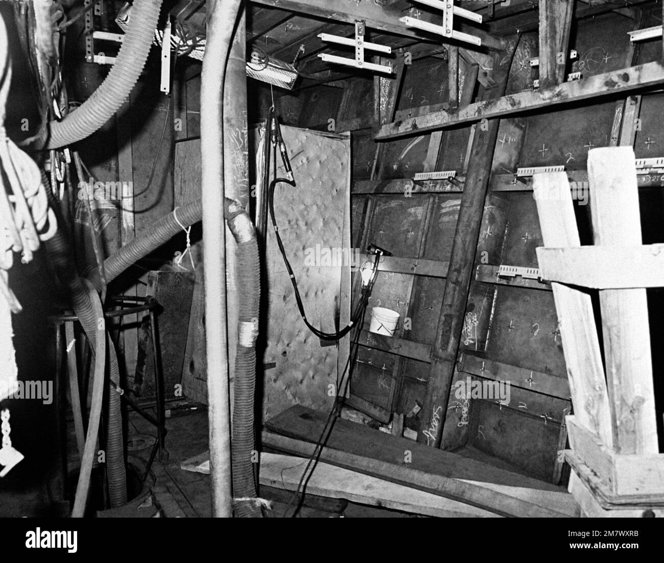 An interior view of the sonar equipment room on the guided missile