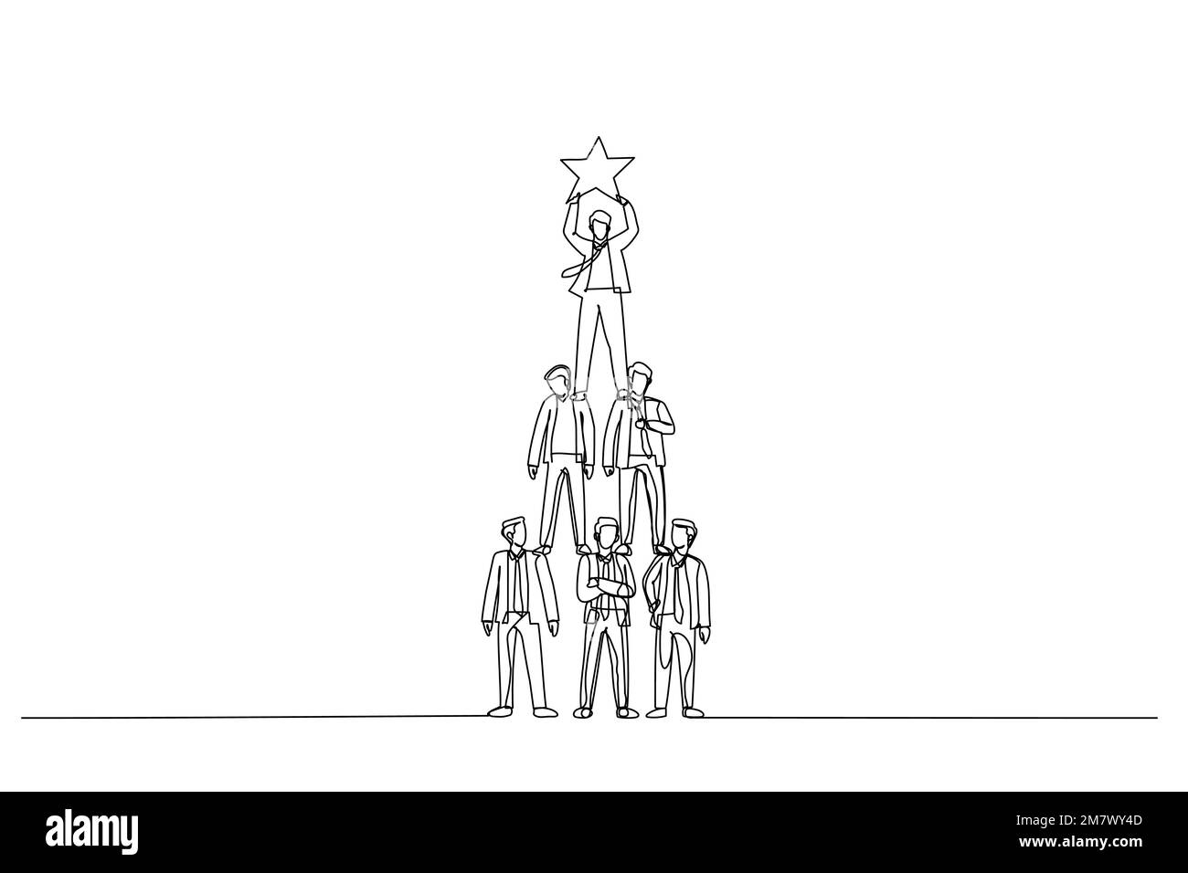 Cartoon of teamwork businessman pyramid to reach star. One line style art Stock Vector