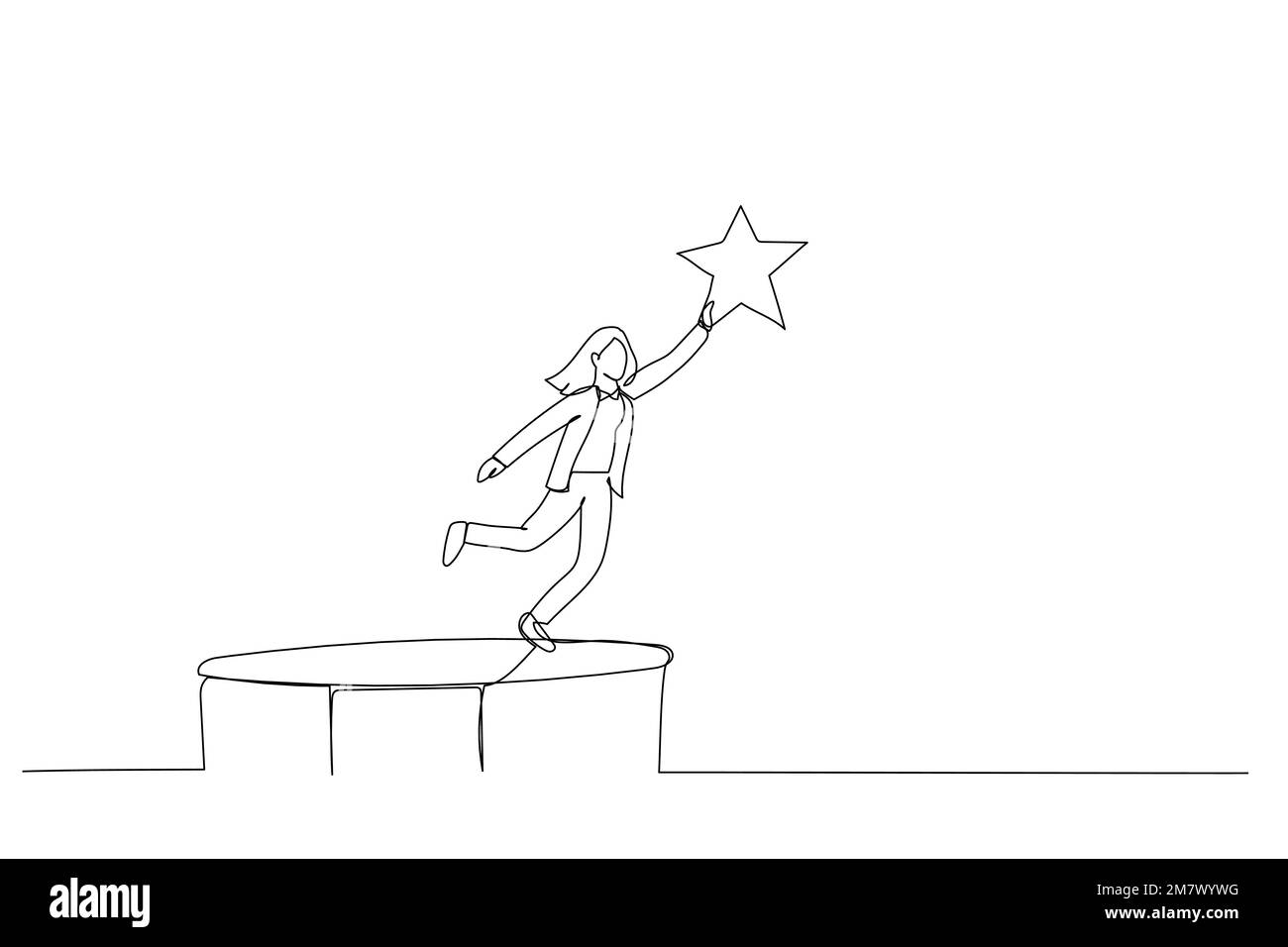 Cartoon of businesswoman bounce on trampoline jump flying high to grab star. Metaphor for achievement. Single line art style Stock Vector