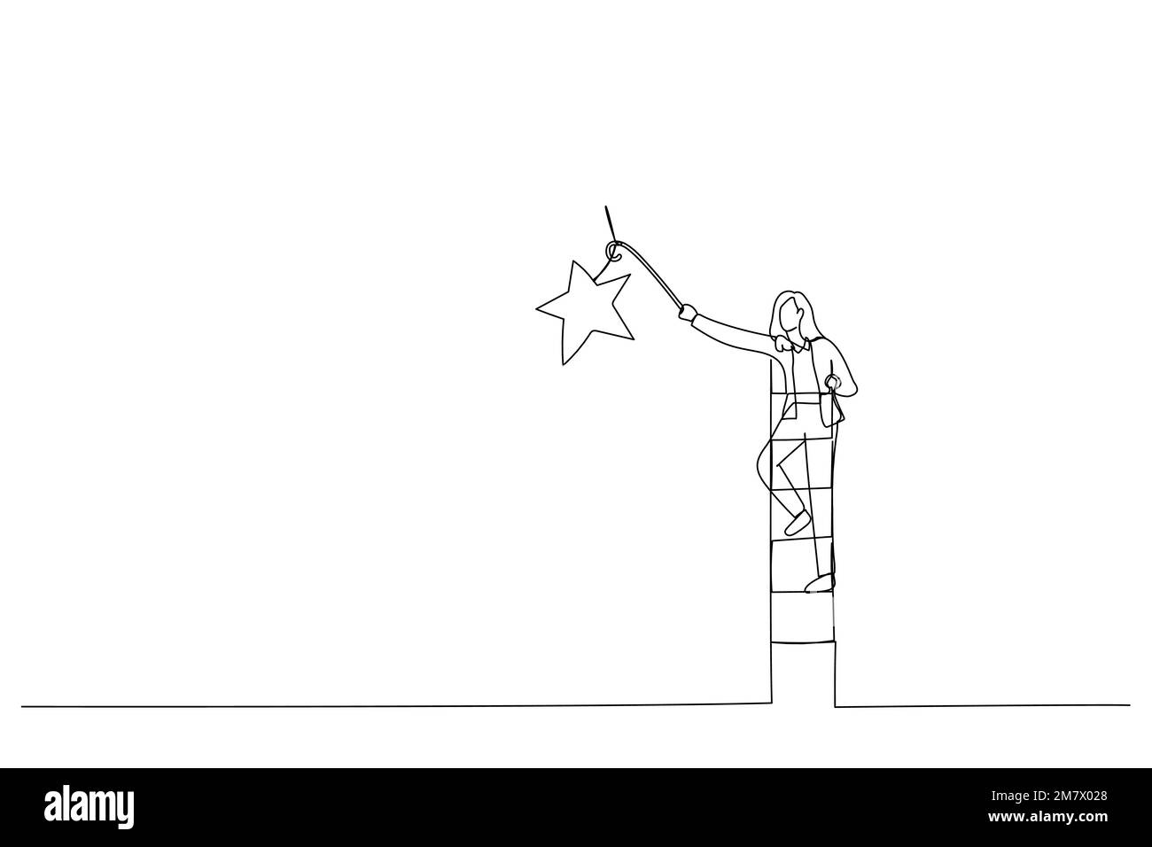 Drawing of businesswoman climbing up ladder to the top high into the sky to grab the star. One line style art Stock Vector