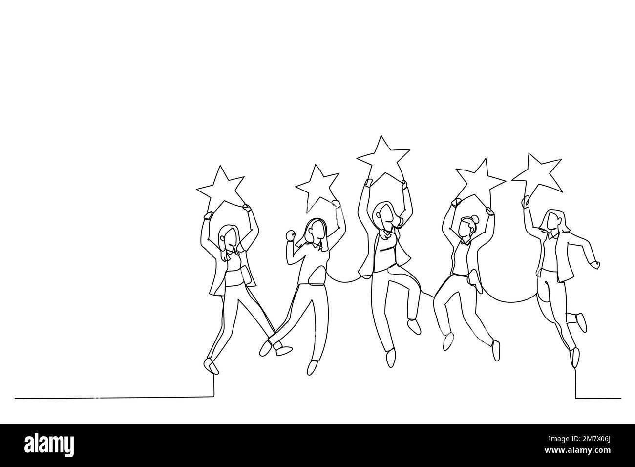 Drawing of businesswoman jumping and holding golden review stars. Metaphor for business rating. Single line art style Stock Vector