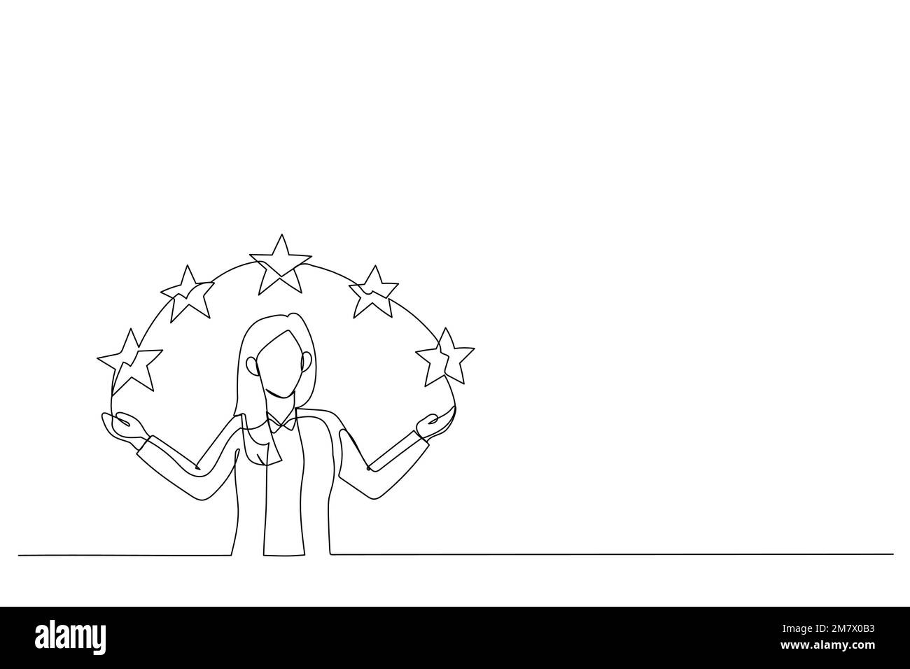 Drawing of businesswoman points to the stars. Metaphor for good customer review. Single line art style Stock Vector