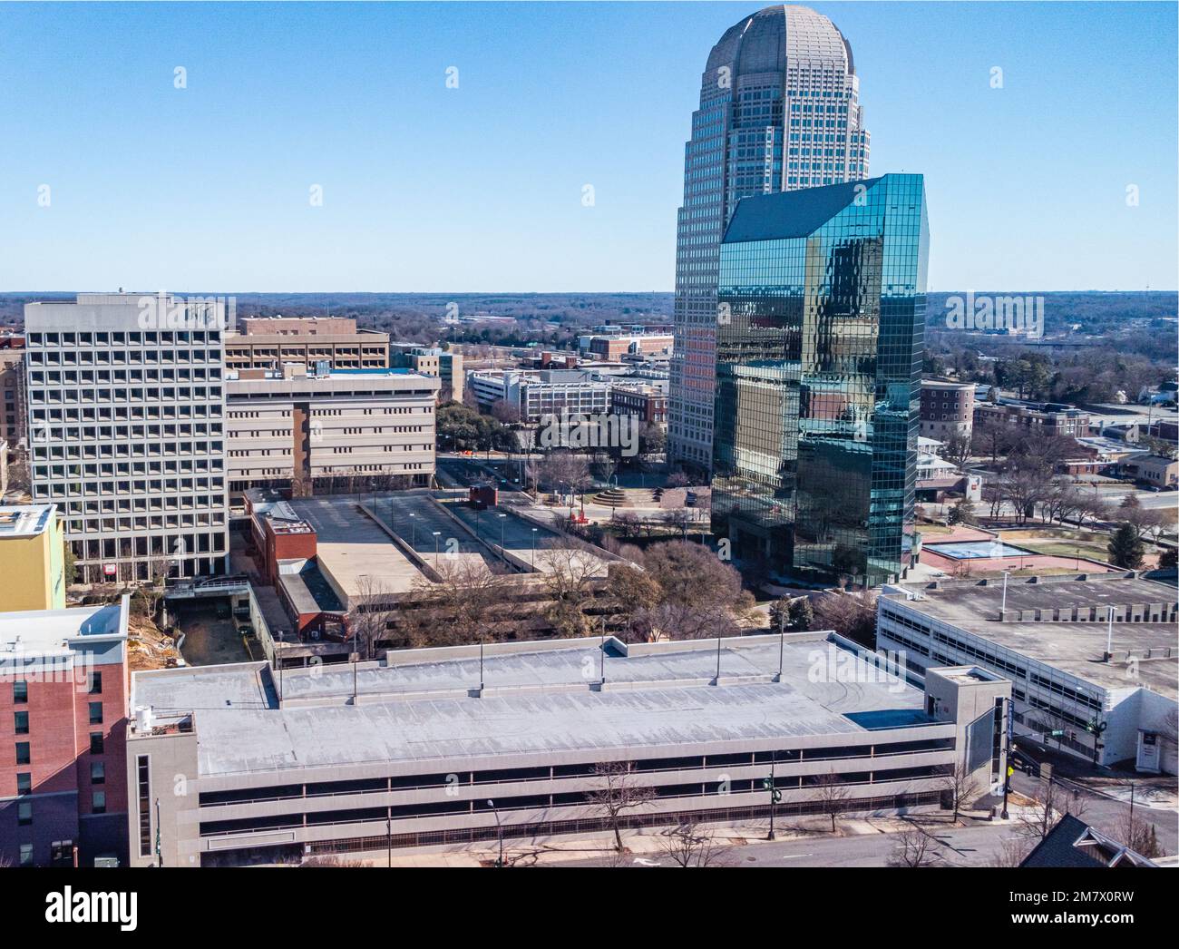 The view of 100 North Main Street with downtown buildings in Winston