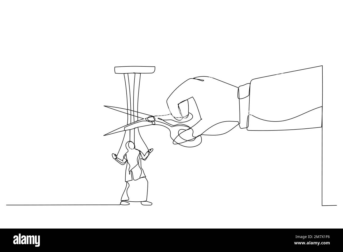 Cartoon of giant hand with scissors cutting the strings attached to muslim businesswoman. Metaphor for freedom, independent, liberation. Single line a Stock Vector