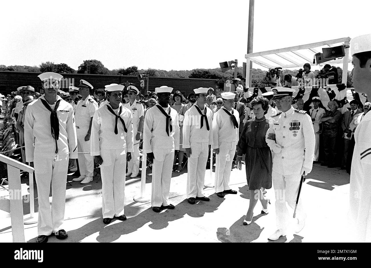 Representative Marjorie S. Holt, Republican - Maryland, principal speaker, is escorted to her seat prior to the commissioning ceremony for the nuclear-powered attack submarine USS BALTIMORE (SSN 704). Base: Naval Submarine Base, Groton State: Connecticut (CT) Country: United States Of America (USA) Stock Photo