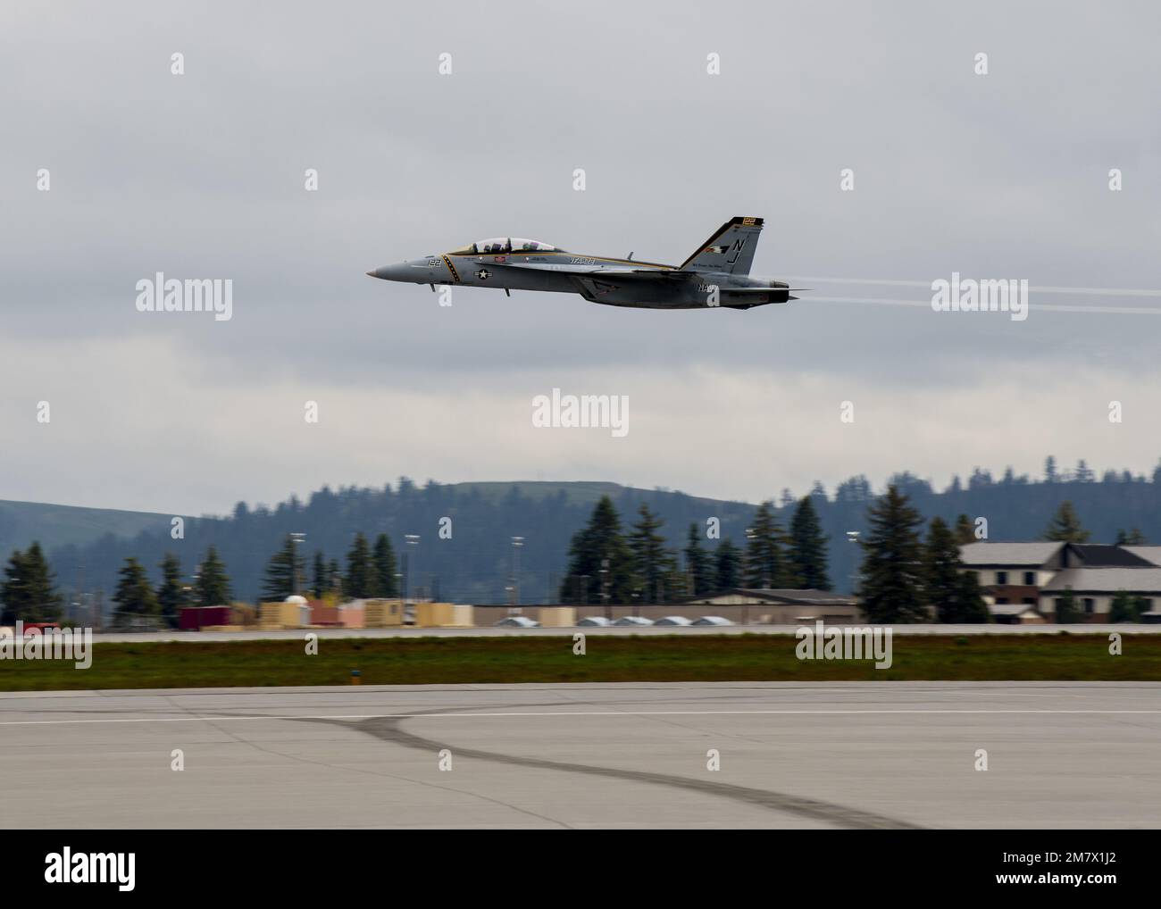 The U.S. Navy West Coast Rhino F/A18 Demo team performs during the Fairchild