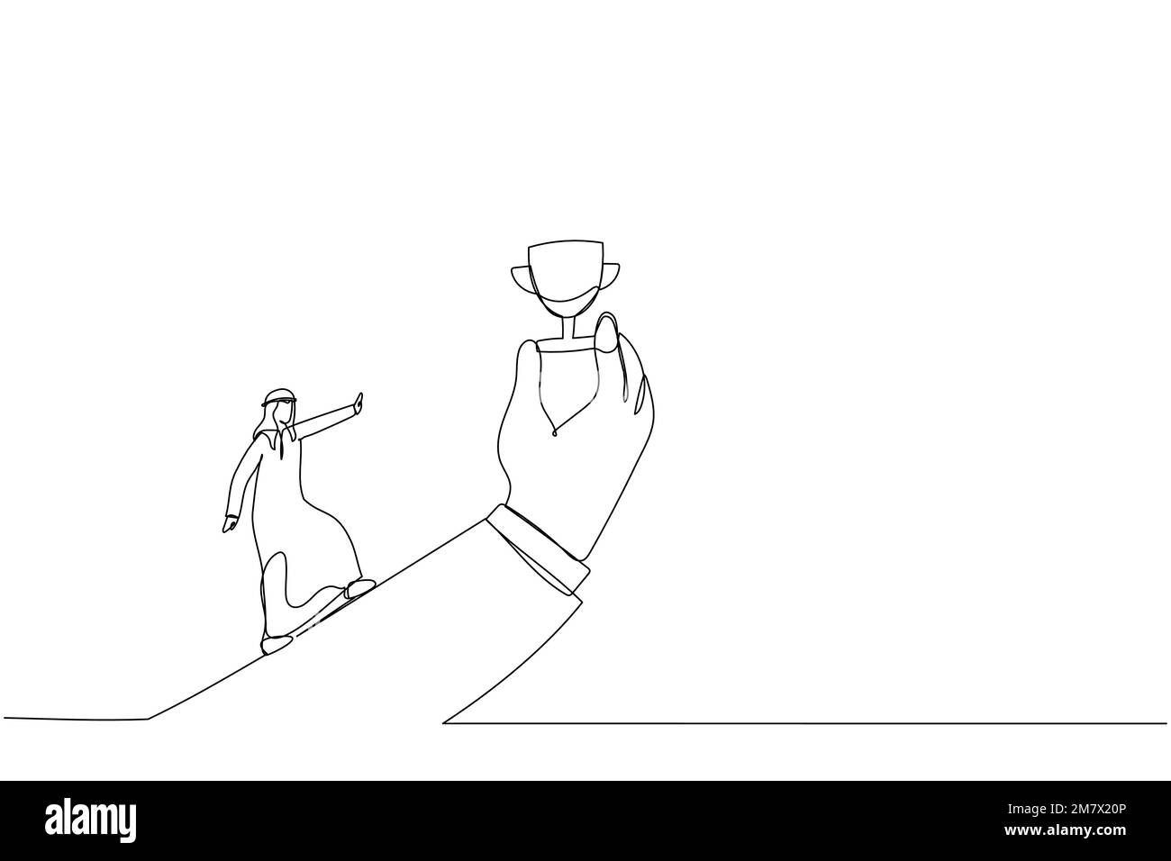 Illustration of arab man run with full effort to reach trophy cup in