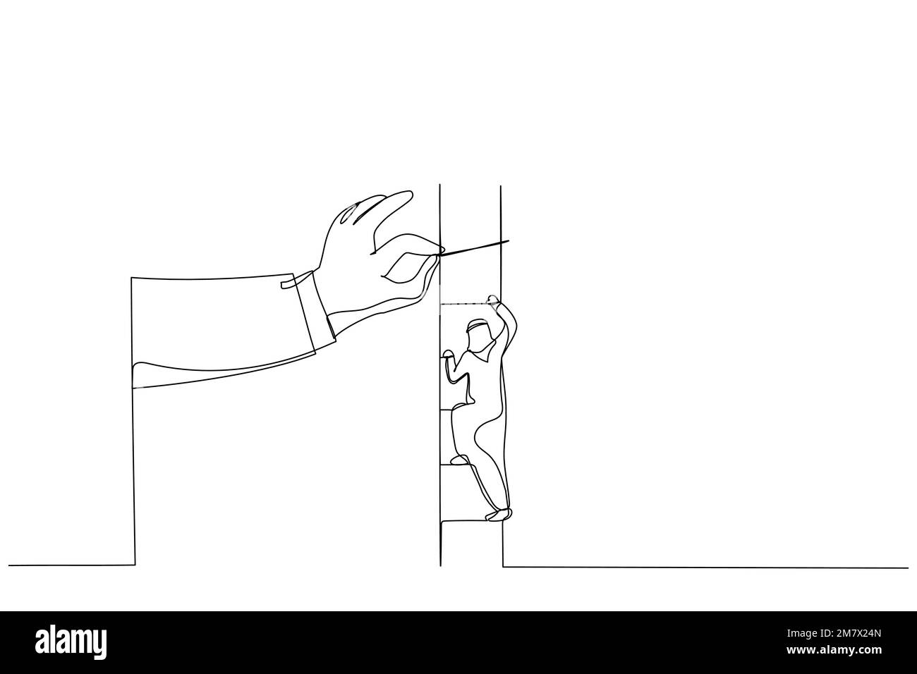 Drawing of big hand help arab businessman build ladder. Single line art style Stock Vector