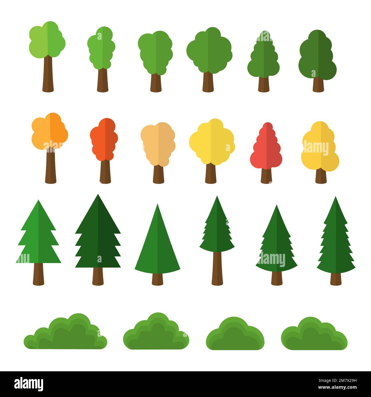 Cartoon trees and bushes pack icons isolated on white background