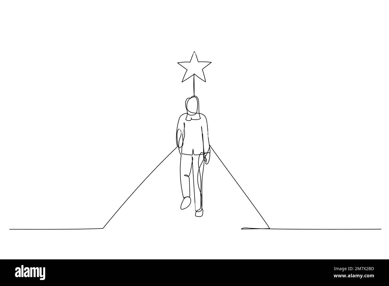 Cartoon of businesswoman walks on the boundless road to the bright star. Single line art style Stock Vector