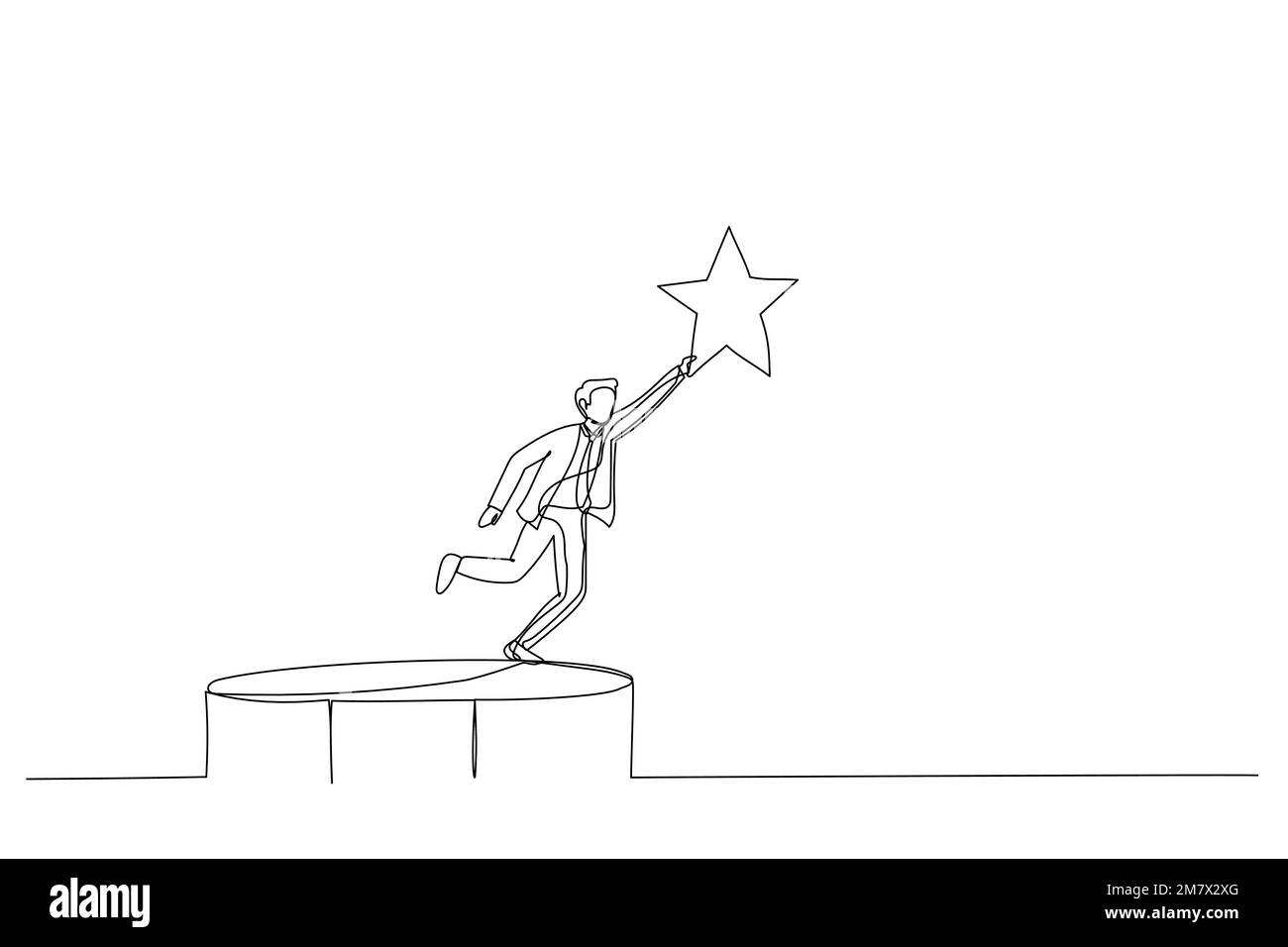 Drawing of businessman bounce on trampoline jump flying high to grab star. Metaphor for achievement. Continuous line art style Stock Vector