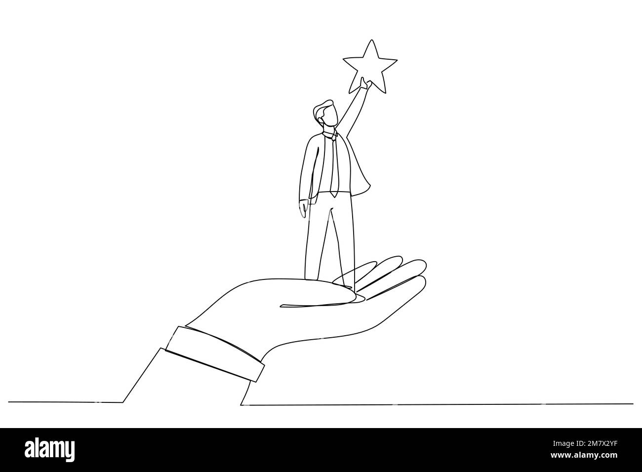 Drawing of giant hand helping a businessman to reach out for the stars. Single line art style Stock Vector