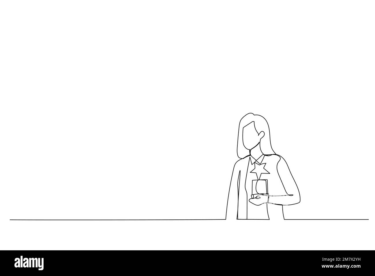 Illustration of businesswoman with star award. One line style art Stock