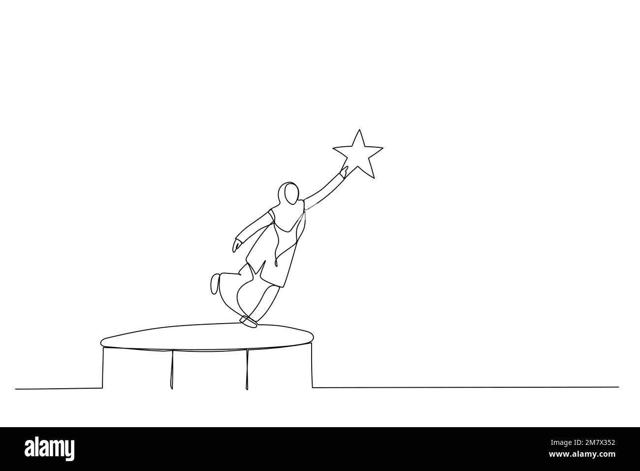 Illustration of muslim woman bounce on trampoline jump flying high to grab star. Metaphor for achievement. Single line art style Stock Vector