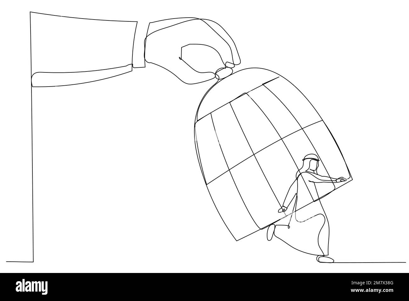 Drawing of giant hand capturing a running arab businessman with birdcage. Single line art style Stock Vector