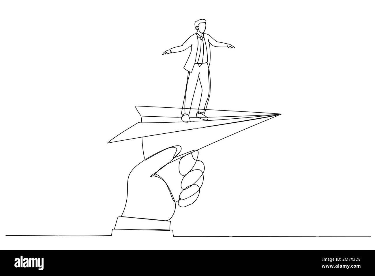 Cartoon of huge hand holding paper plane and take off with businessman